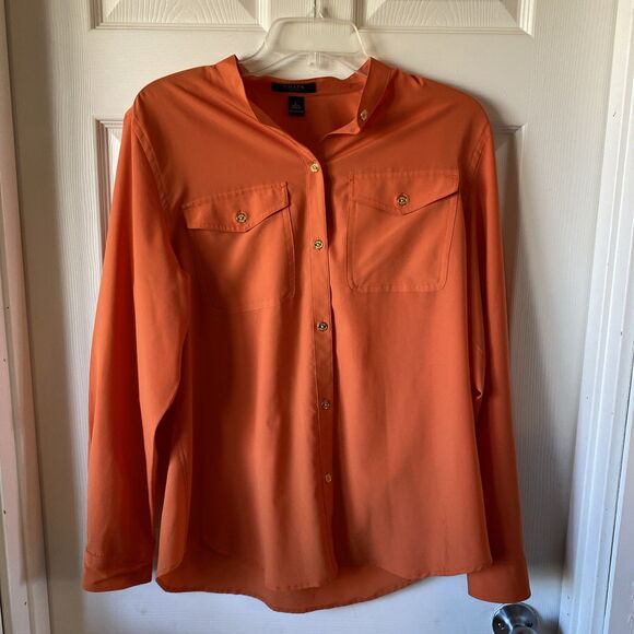 Chaps Women’s Size Large Orange Gold Button Up Shirt 2 Pocket - Picture 1 of 10